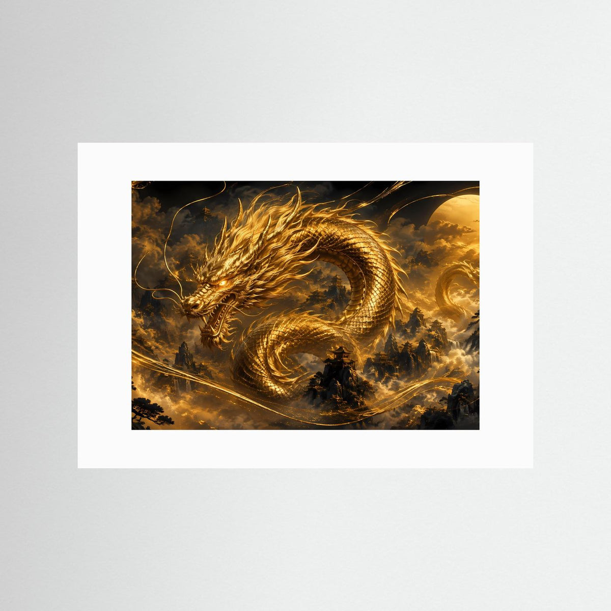 Querformat-Poster mit weißem Passepartout: goldener Drache über Tempelbergen, Schwarz-Gold