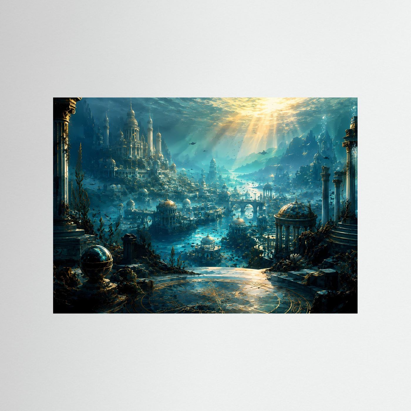 Poster mit Unterwasserstadt Atlantis im Türkis-Gold-Look, mit schwarzem Rahmen