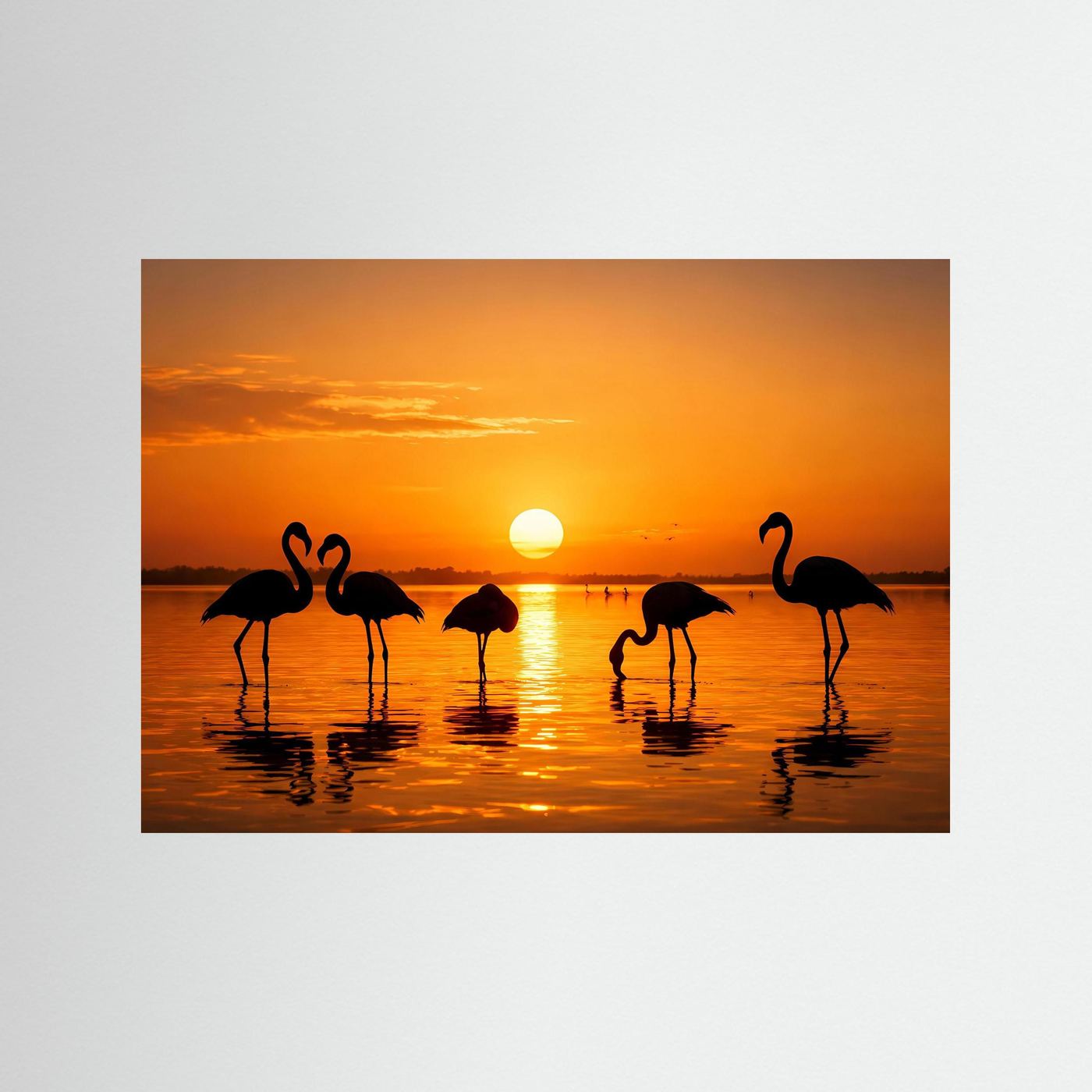 Poster im Querformat: Flamingos am See bei goldenem Sonnenuntergang, Spiegelung im Wasser