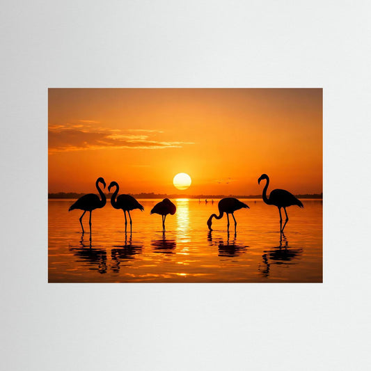 Poster im Querformat: Flamingos am See bei goldenem Sonnenuntergang, Spiegelung im Wasser