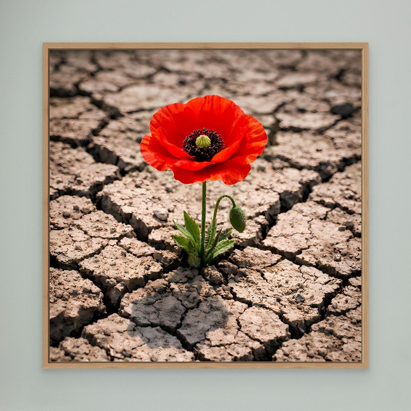 Leinwandbild mit roter Mohnblume auf trockenem, rissigem Boden, mit hellem Holzrahmen