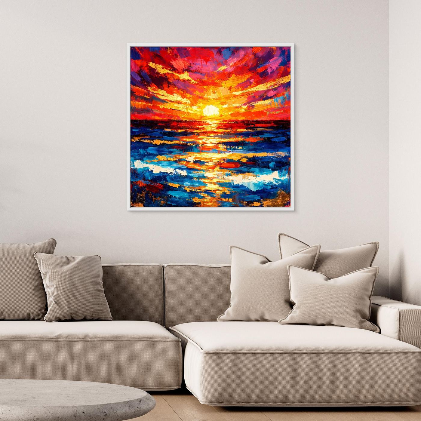 Leinwandbild mit Sonnenuntergang am Meer in kräftigen Farben, dunkler Rahmen