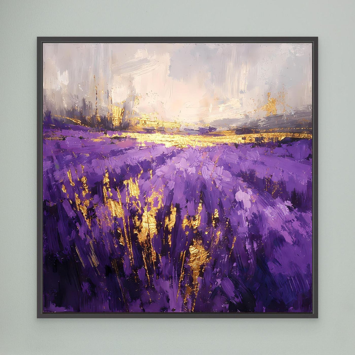 Leinwandbild Lavendelfeld abstrakt in Violett, goldene Akzente, schwarzer Rahmen, quer