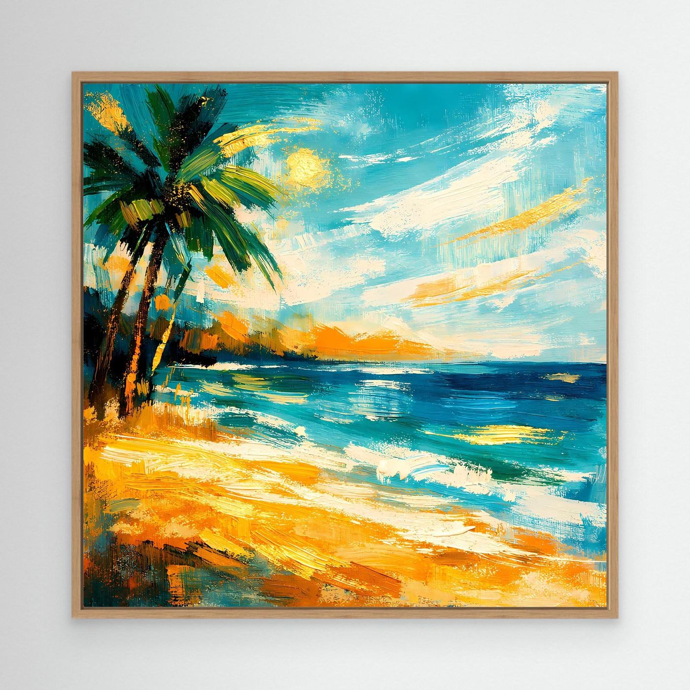 Leinwandbild mit abstrakter Palme über türkisblauem Meer und gelbem Strand, Eichenrahmen