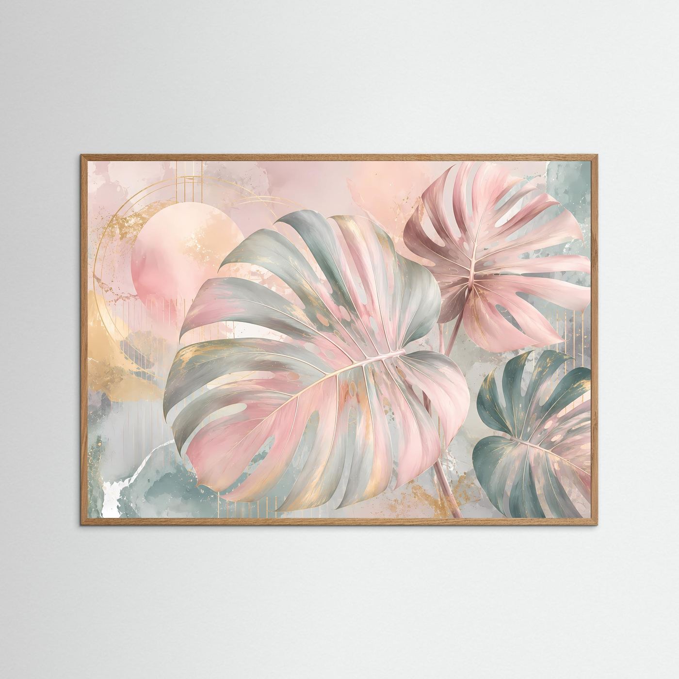 Monstera Blätter Poster Querformat | Tropische Wandkunst Pastell Rosa Gold | Moderne Botanische Kunst