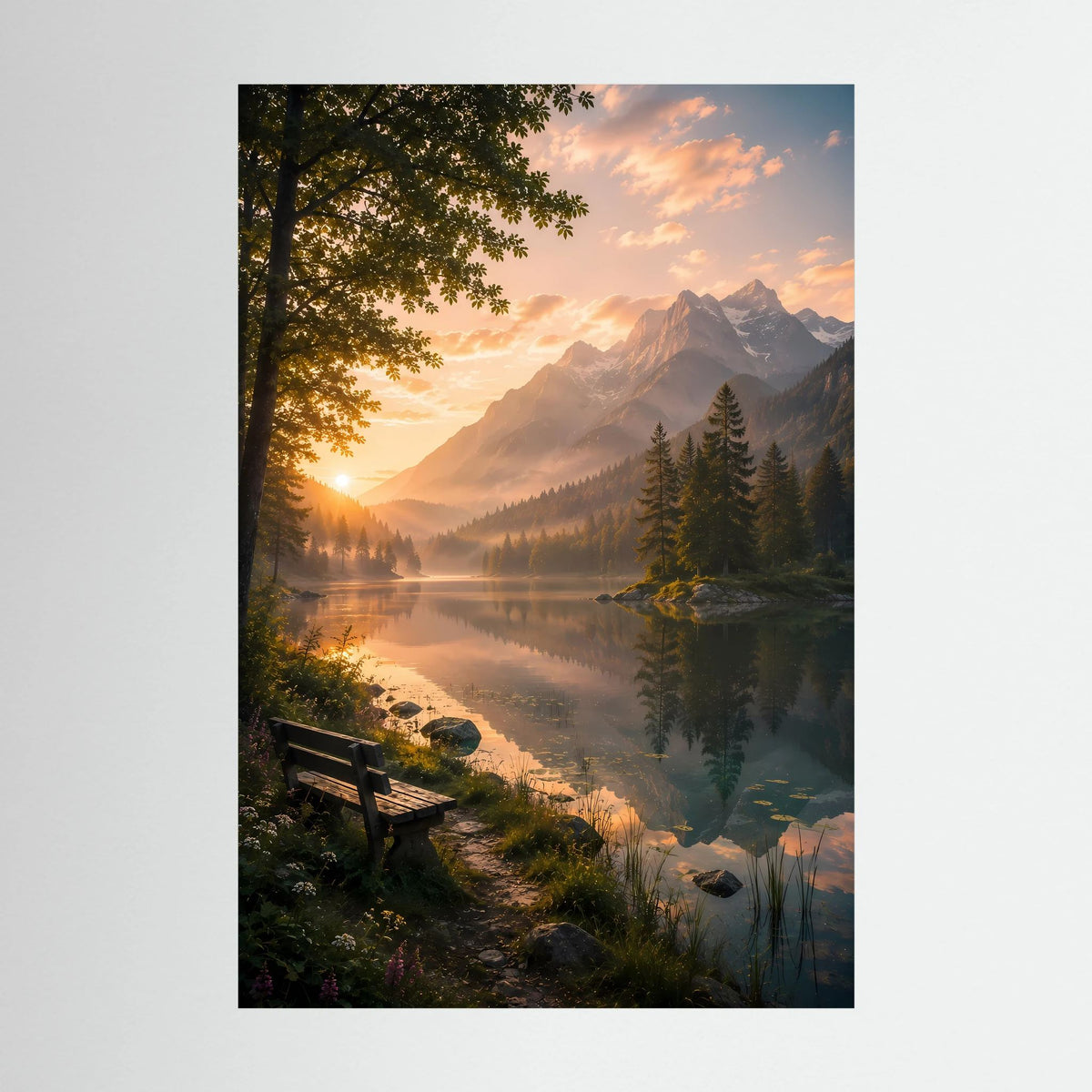 Bergsee im Sonnenuntergang | Ruhige Alpenlandschaft mit Sitzbank | Poster Hochformat