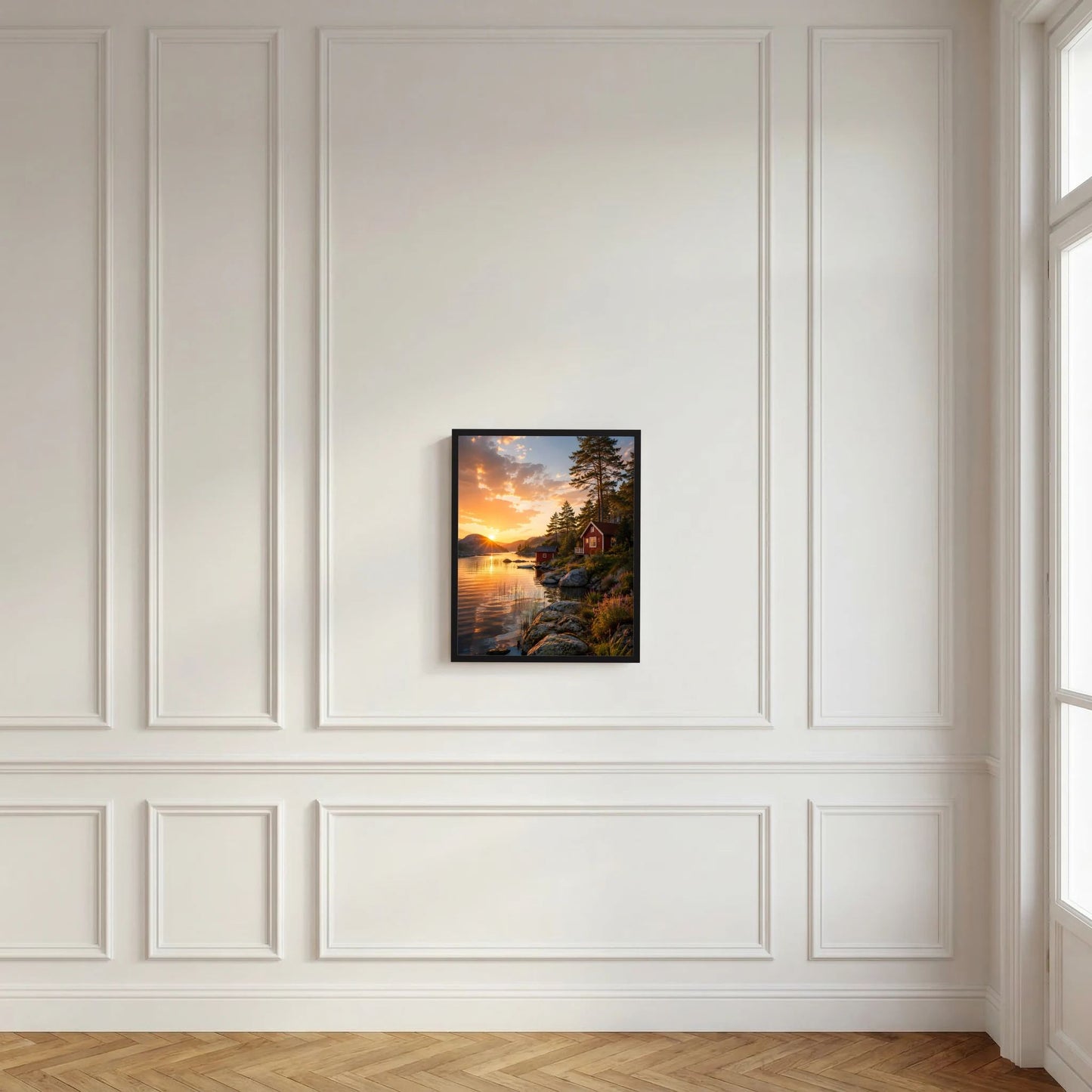 Hochformatiges Kunstposter in kleinem Rahmen vor weißer Wand mit Sonnenuntergang