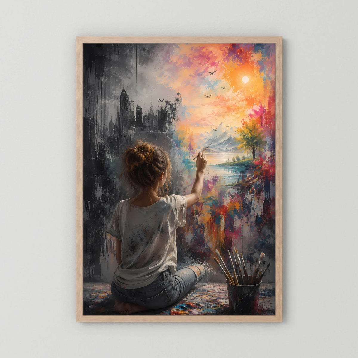 Hochformatiges Poster mit hellem Holzrahmen, Motiv: Frau malt Sonnenaufgang über Landschaft