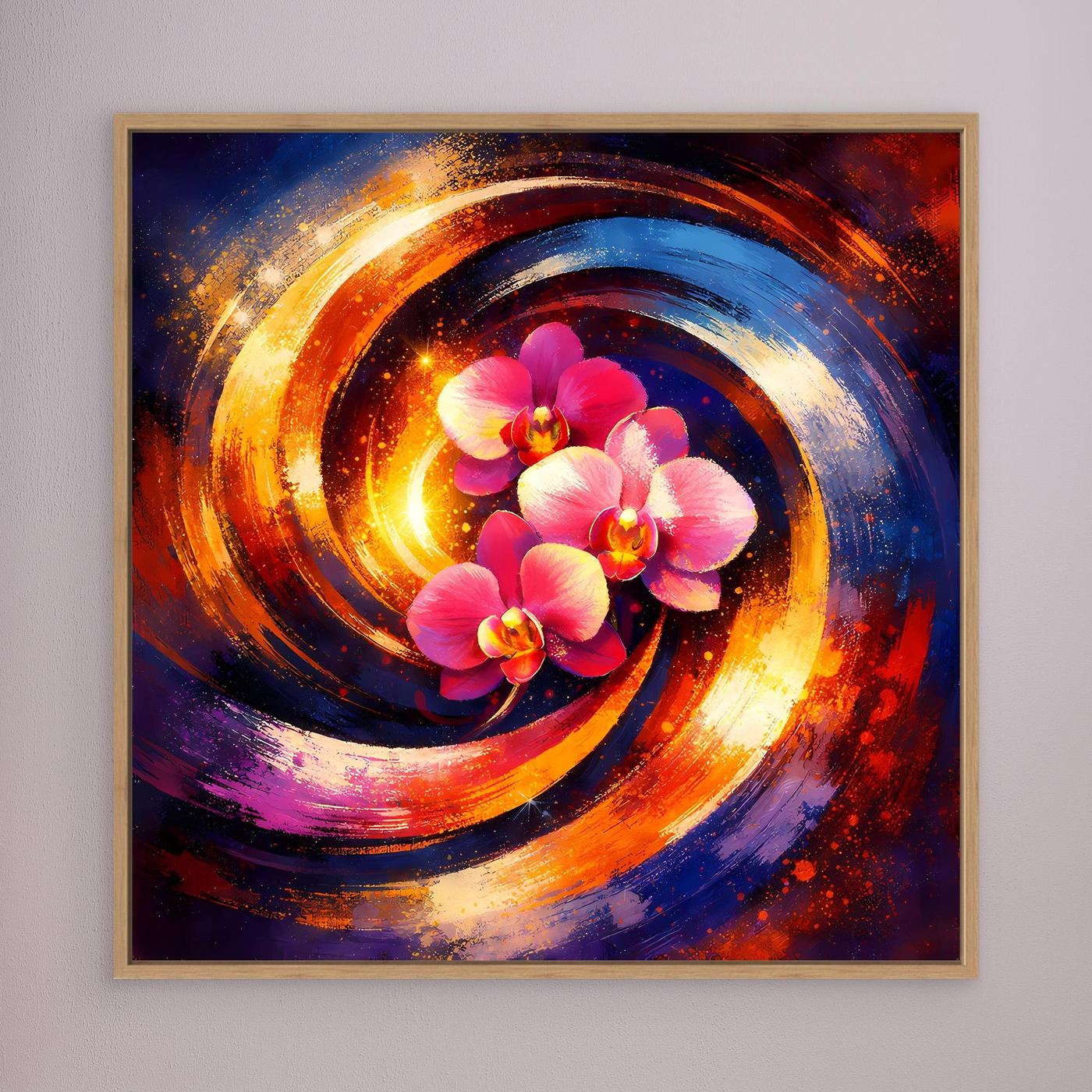 Abstraktes Leinwandbild mit pinken Orchideen und rot-blauen Spiralen, Holzrahmen
