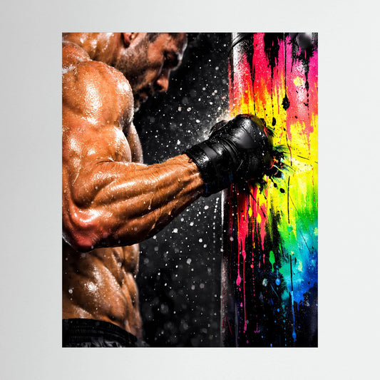Gerahmtes Hochformat-Poster: Boxer mit schwarzem Handschuh schlägt, Neon-Farbkleckse im Spritzbild