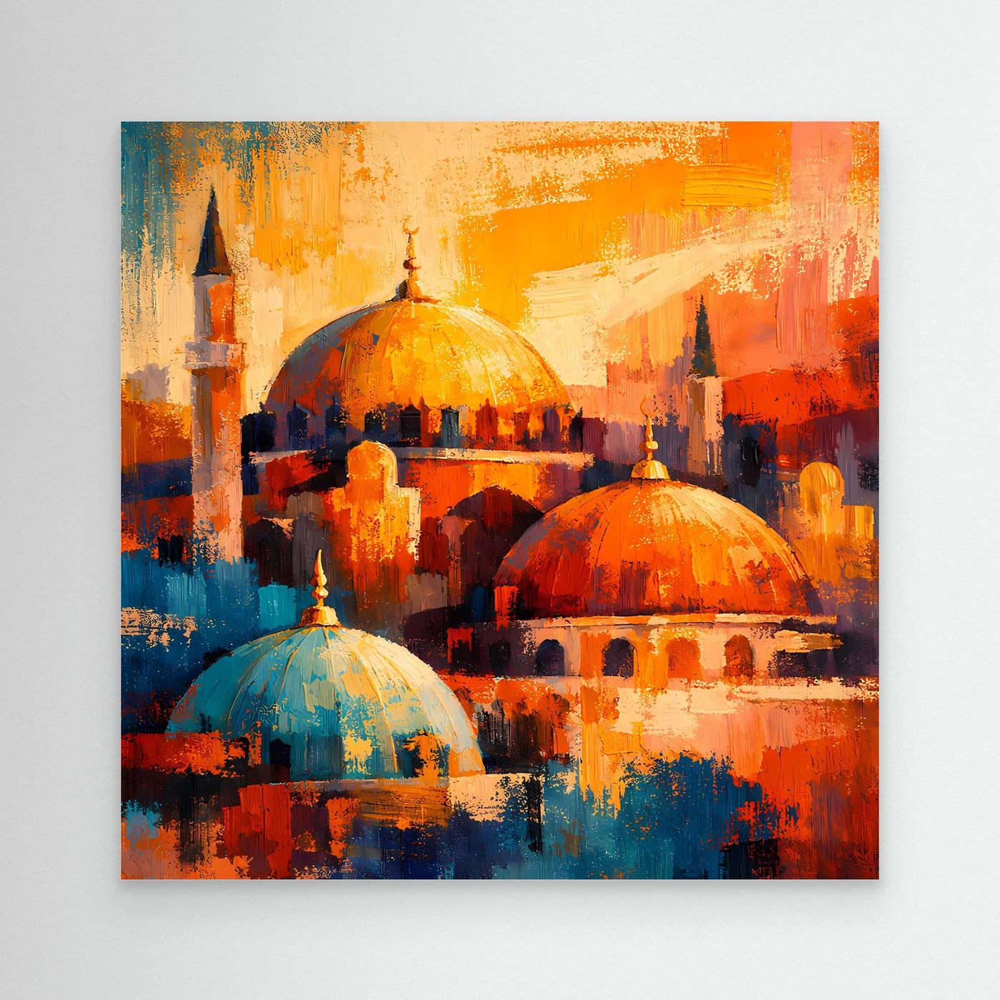Abstraktes Leinwand-Wandbild mit Moschee, orangefarbene Kuppeln und blaue Kuppeln, weiß gerahmt