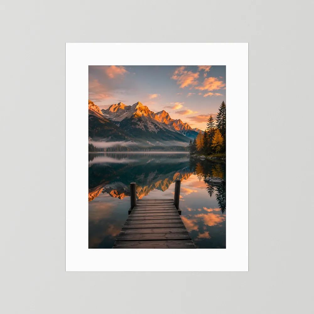 Hochformatiges Kunstposter mit weißem Rand: Holzsteg über spiegelndem See im Abendlicht.