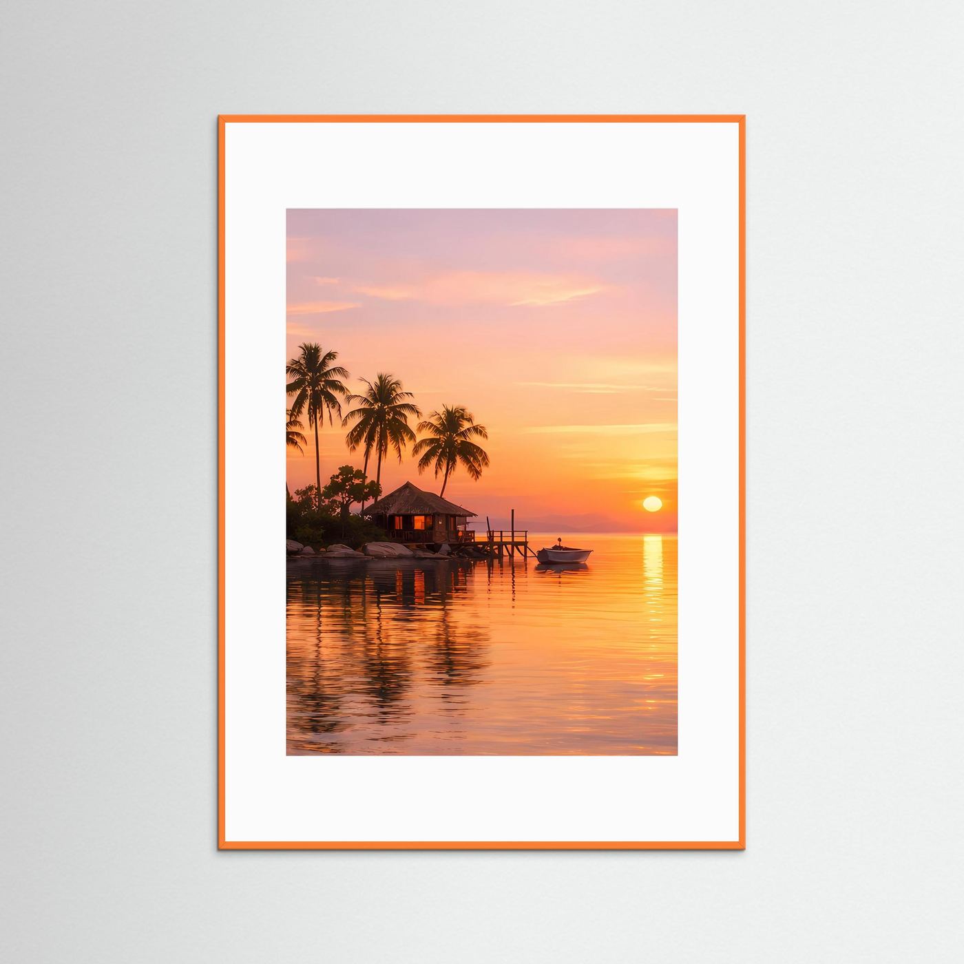 Wandbild Sonnenuntergang tropische Insel, orangefarbener Rahmen mit weißem Rand