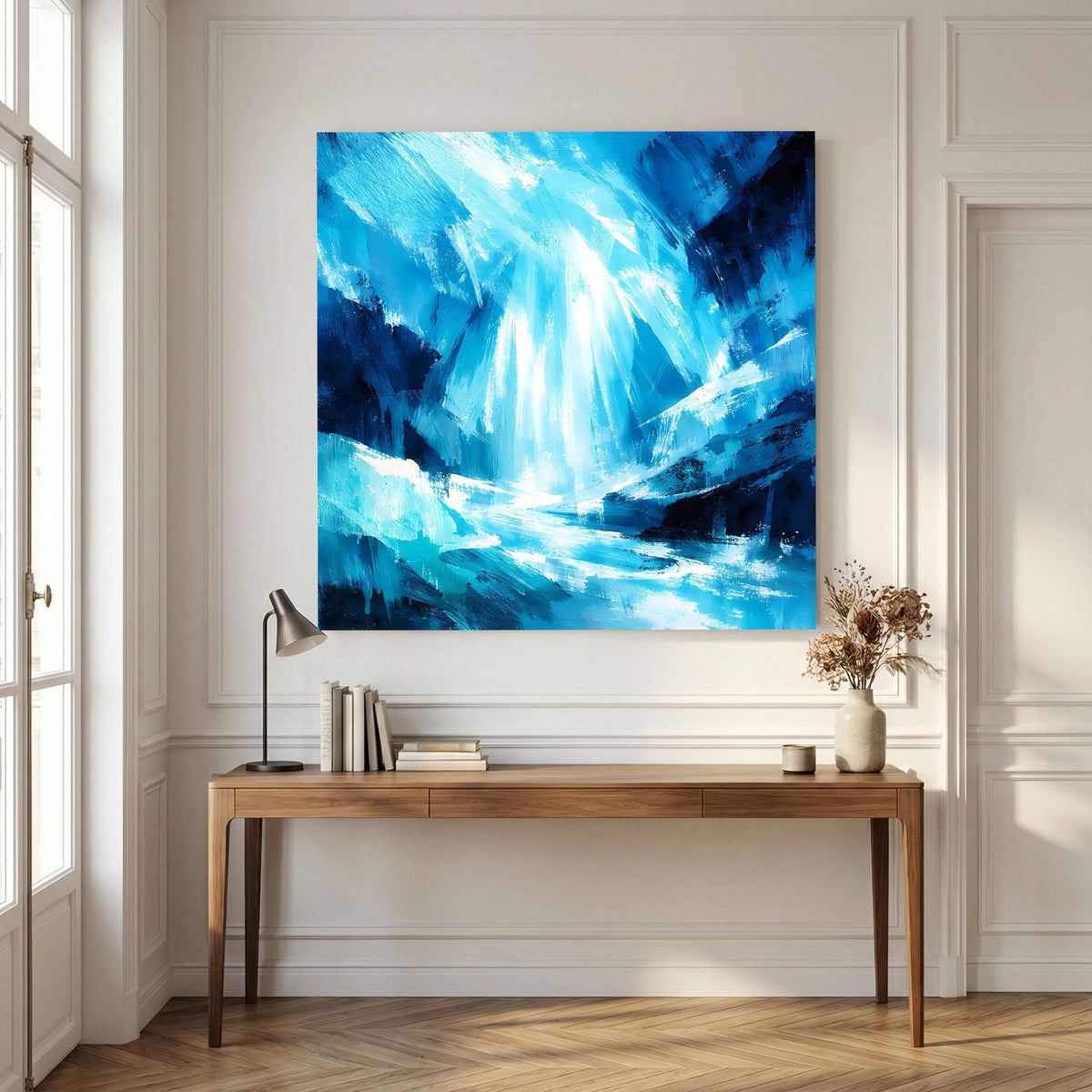 Leinwand-Wandbild mit blauem Eiswasserfall und kontrastreichen dunklen Flächen