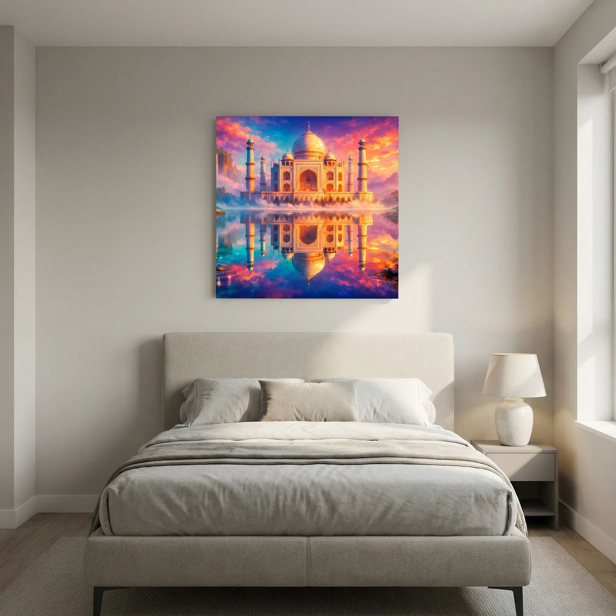 Leinwandbild Taj Mahal über dem Bett: goldene Kuppel, Minarette und Spiegelung, auf Keilrahmen.