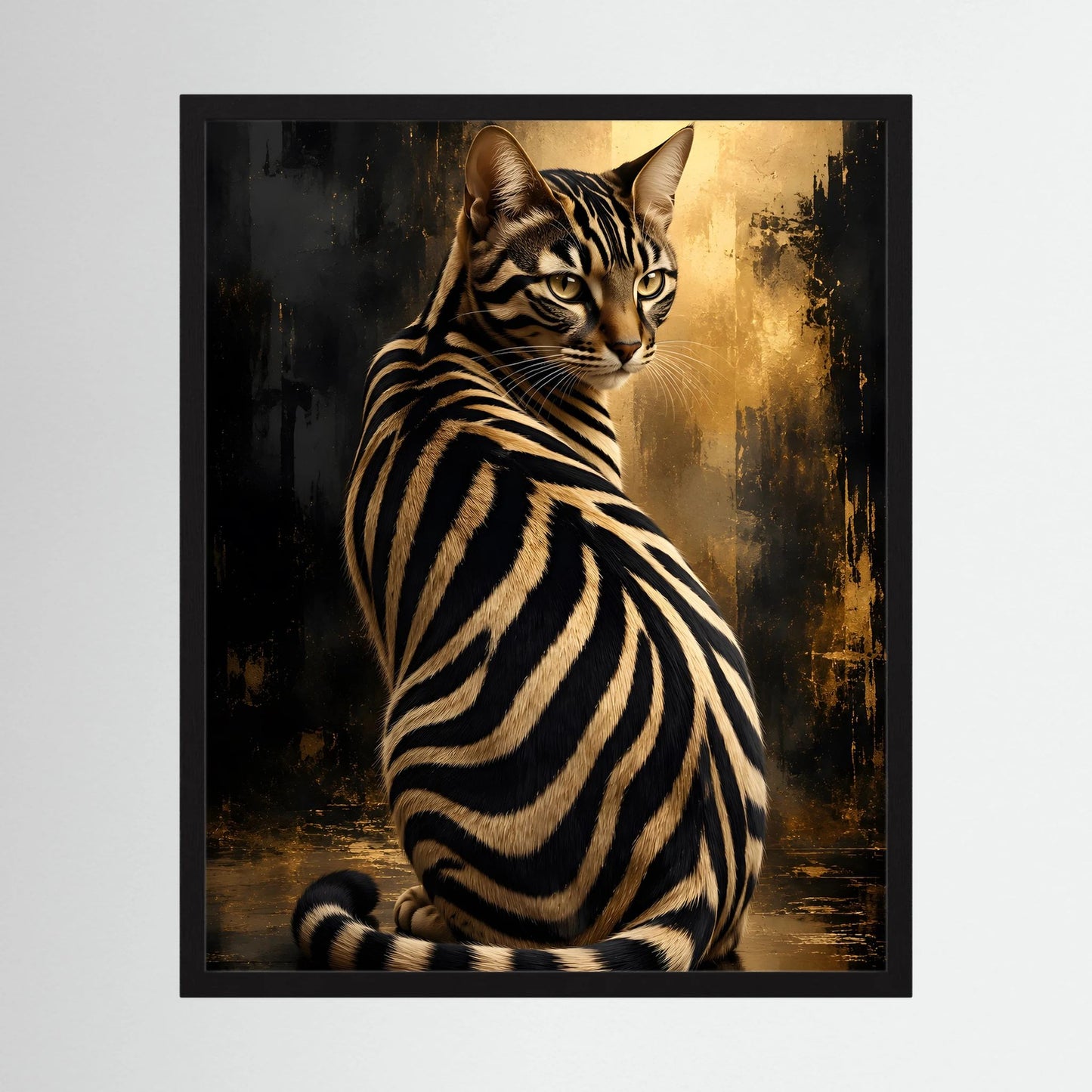 Poster mit Zebra-Katze im Schwarz-Gold-Look, Blick nach vorn, sitzend, erhobene Pfote