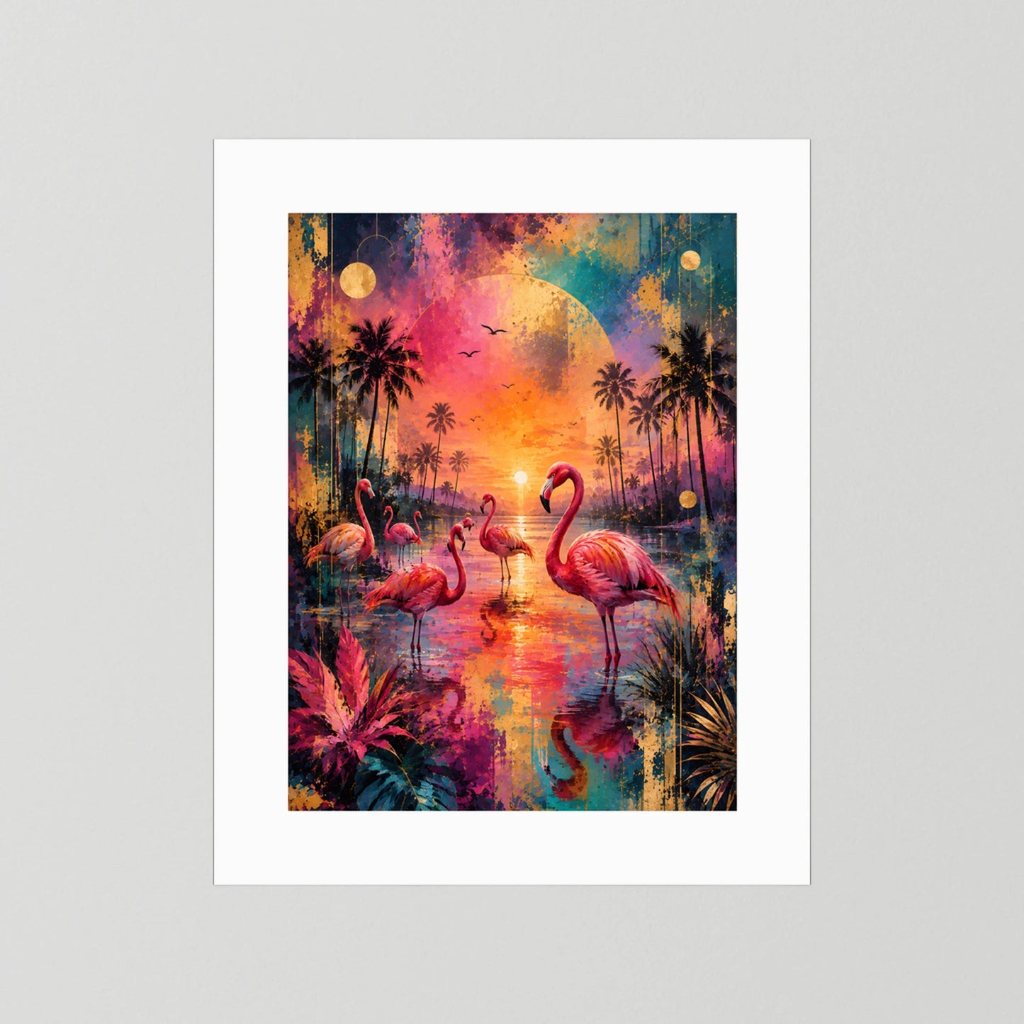 Hochformat-Poster mit Flamingos im tropischen Sonnenuntergang, nur weißer Passepartout