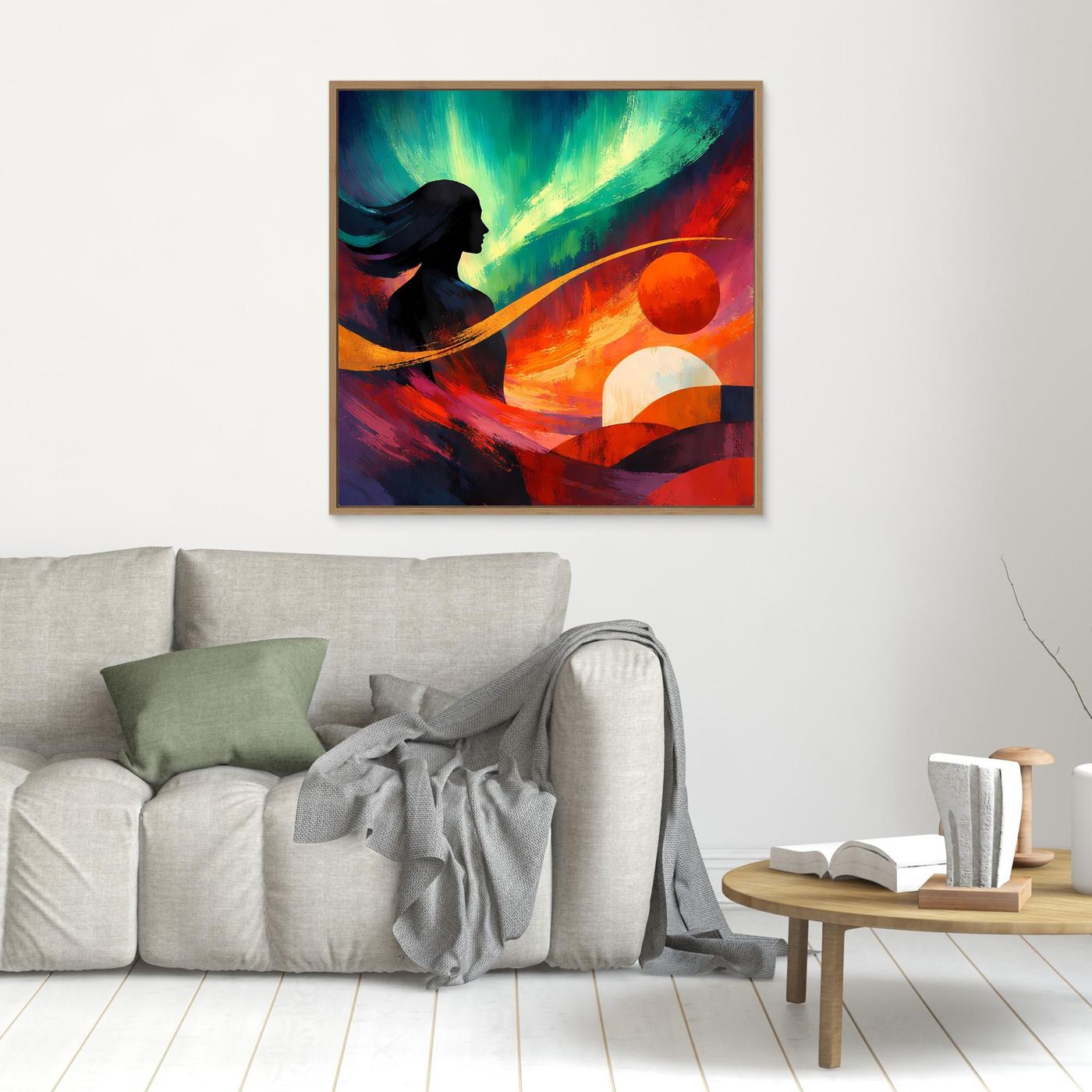 Quadratisches Leinwandbild mit abstraktem Polarlicht, schwarzer Silhouette und bunten Kreisen, braun gerahmt.