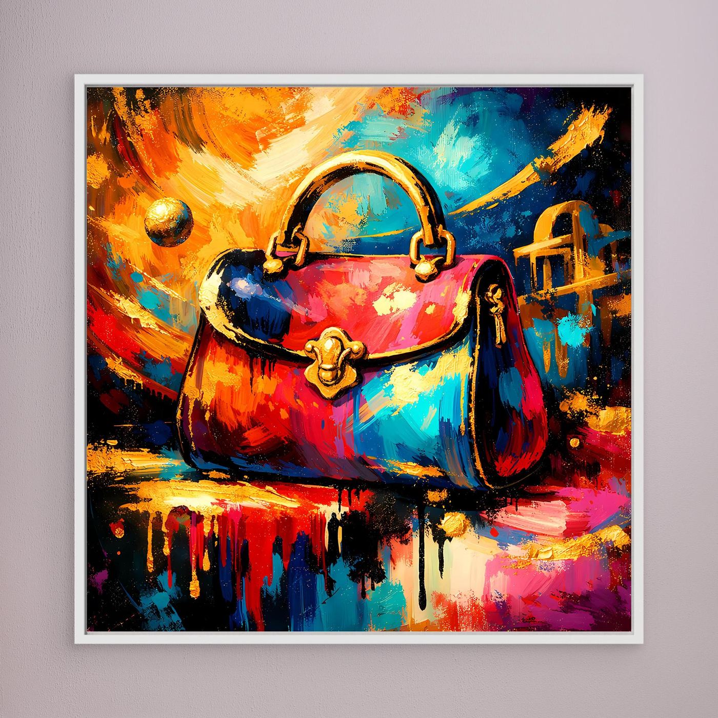 Leinwandbild mit abstrakter Handtasche, bunte Farbspritzer und goldene Akzente in hellem Rahmen