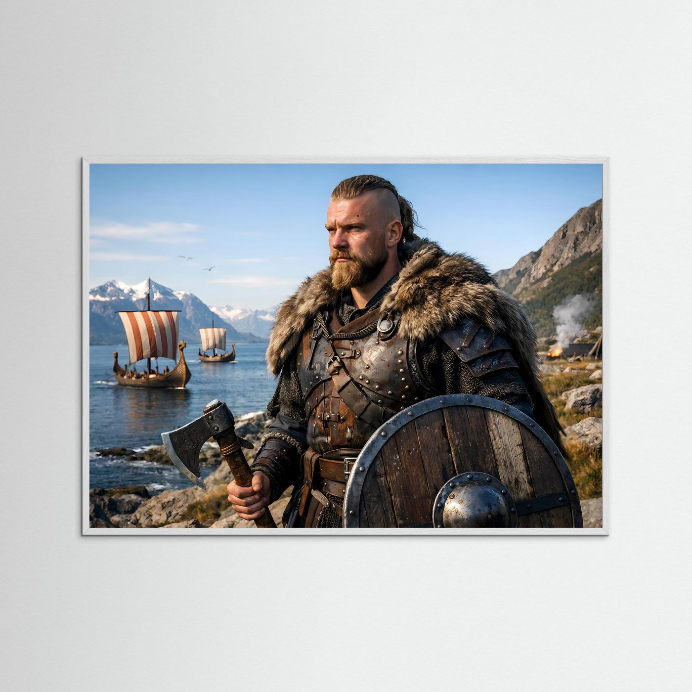 Poster mit Wikinger-Krieger mit Schild und Axt sowie Drachenbooten im grauen Rahmen