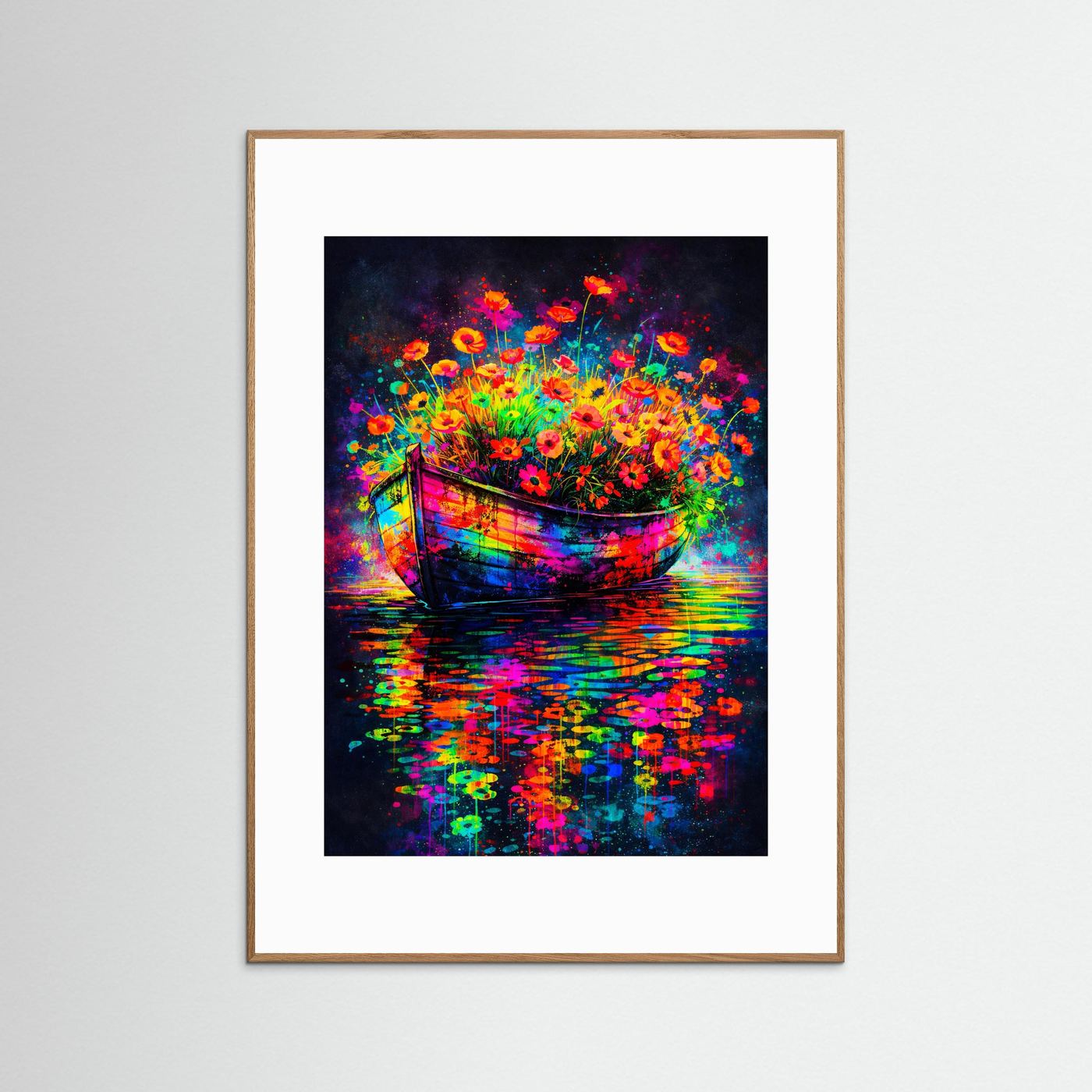 Kunstposter: abstraktes Neon-Blumenboot mit Blumen und Spiegelung, hellbrauner Holzrahmen.