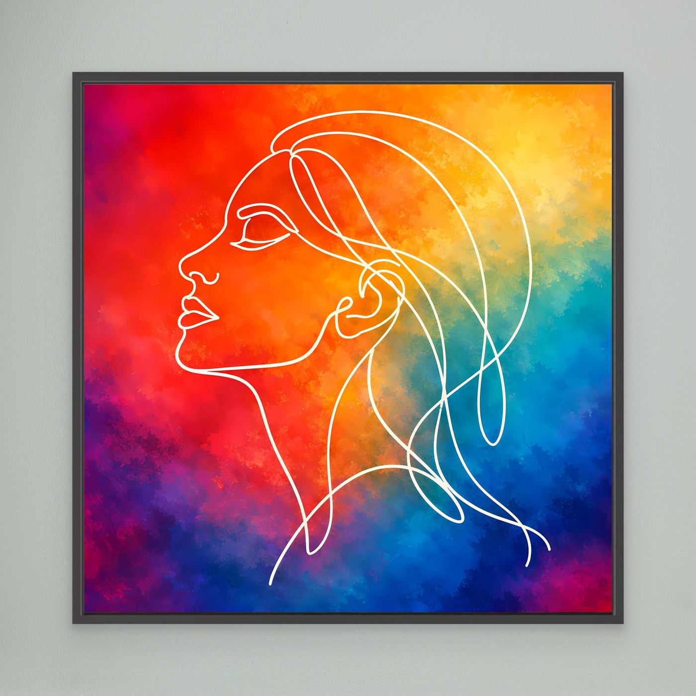 Gerahmtes Leinwandbild mit abstrakter Frauen-Silhouette in Regenbogenfarben, schwarzer Rahmen