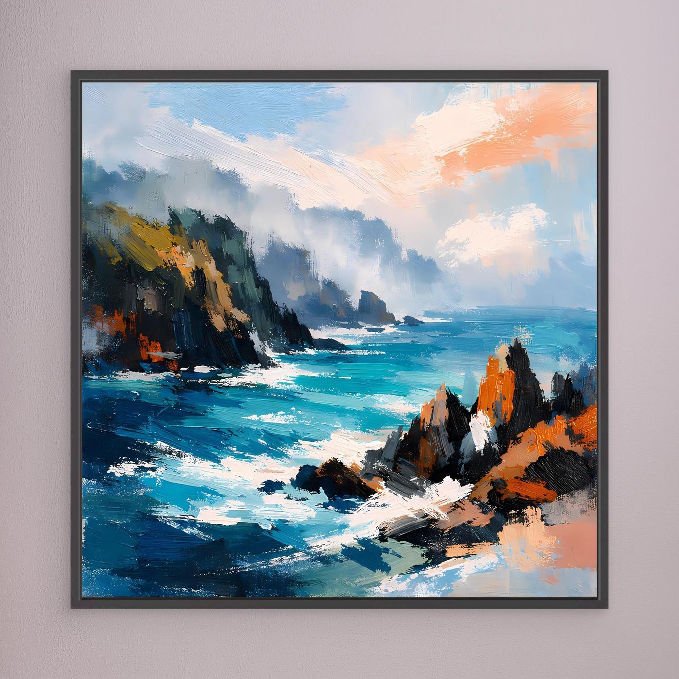 Leinwand-Wandbild: abstrakte Küstenfelsen am Meer, Blau/Türkis/Orange, schwarzer Rahmen