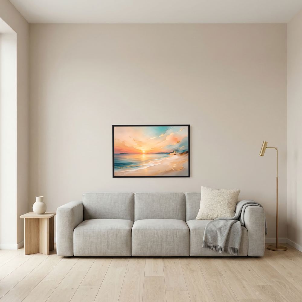 Gerahmtes Strandposter mit Sonnenuntergang am Meer in Pastell, schwarzer Rahmen