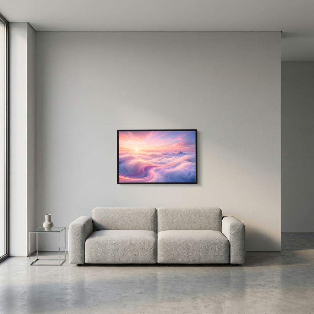 Kleines gerahmtes Kunstposter in Querformat mit schwarzem Rahmen und Wolken-Sonnenaufgang