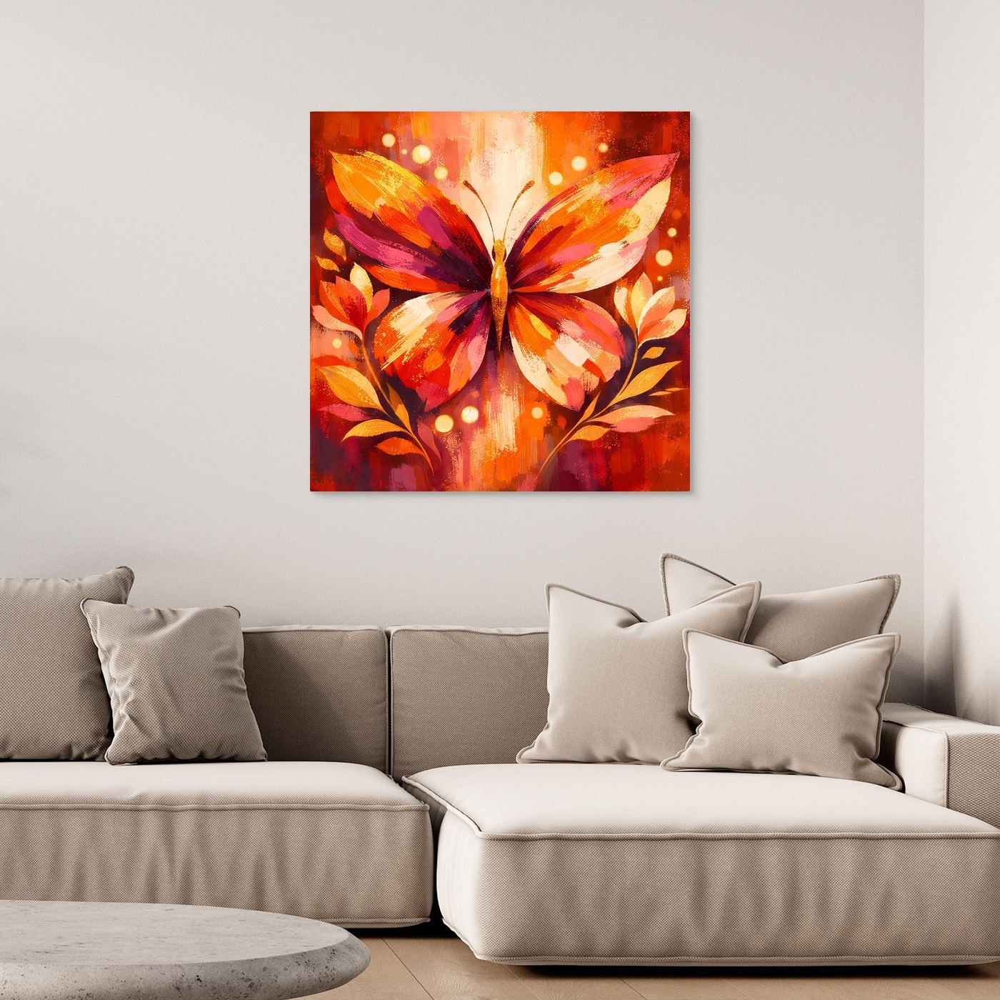 Leinwandbild mit Rahmen: leuchtender Schmetterling in warmen Orange- und Rottönen