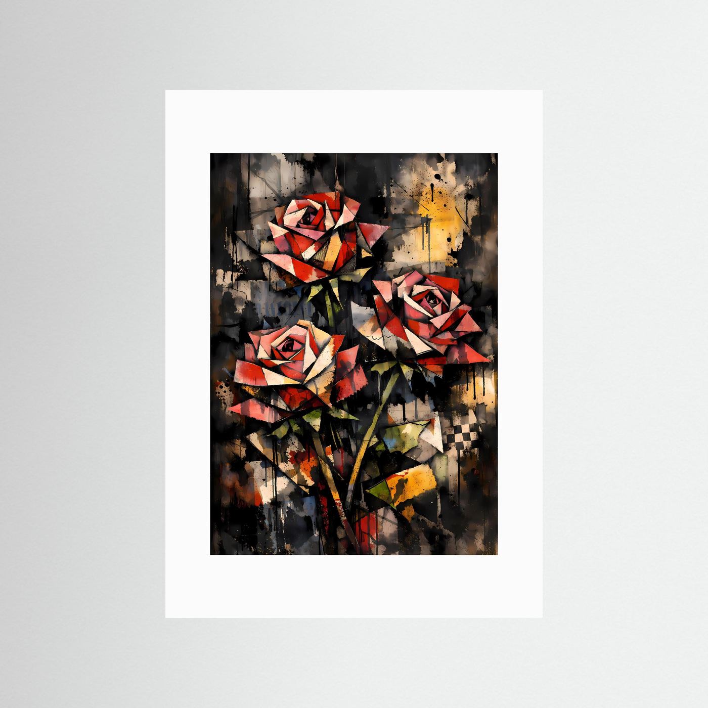 Geometrische Eleganz | Rote Rosen Poster im kubistischen & abstrakten Kunststil | Kunstposter Hochformat