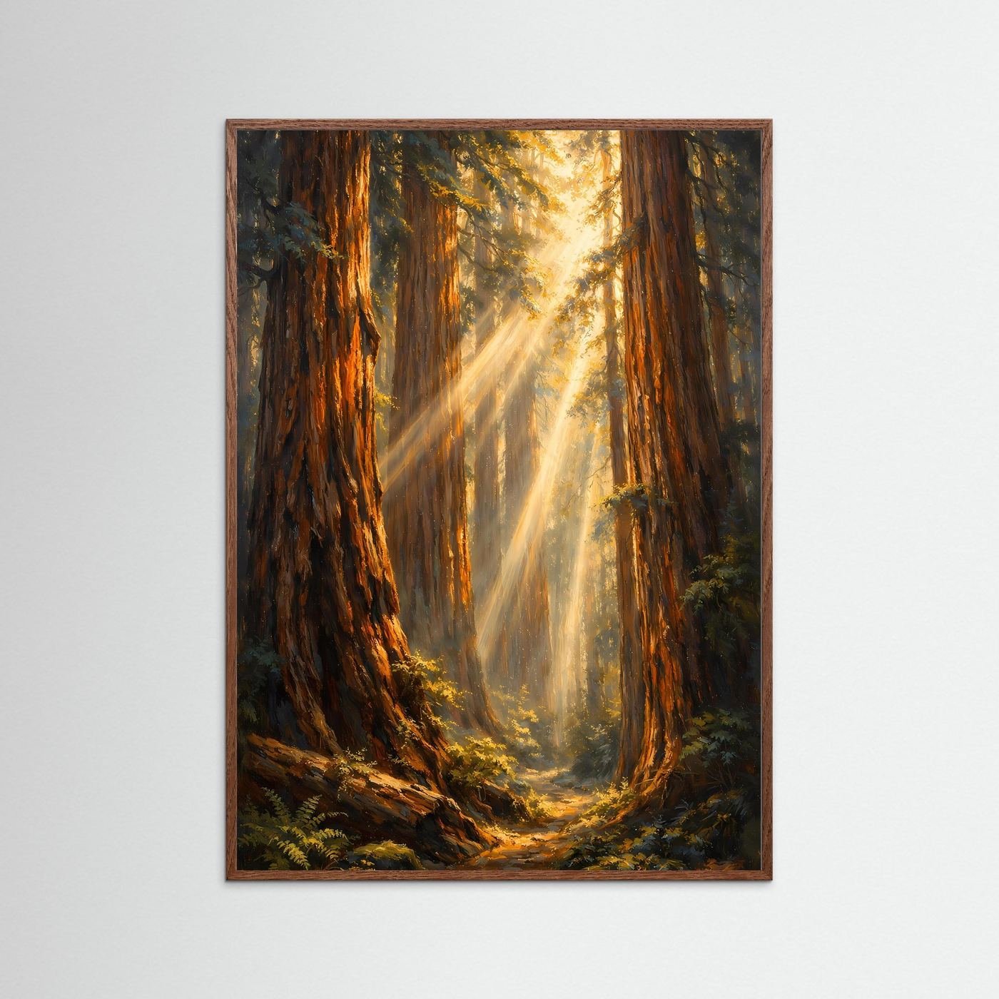 Wandposter im Hochformat mit dunklem Holzrahmen: Redwood-Wald und goldene Lichtstrahlen