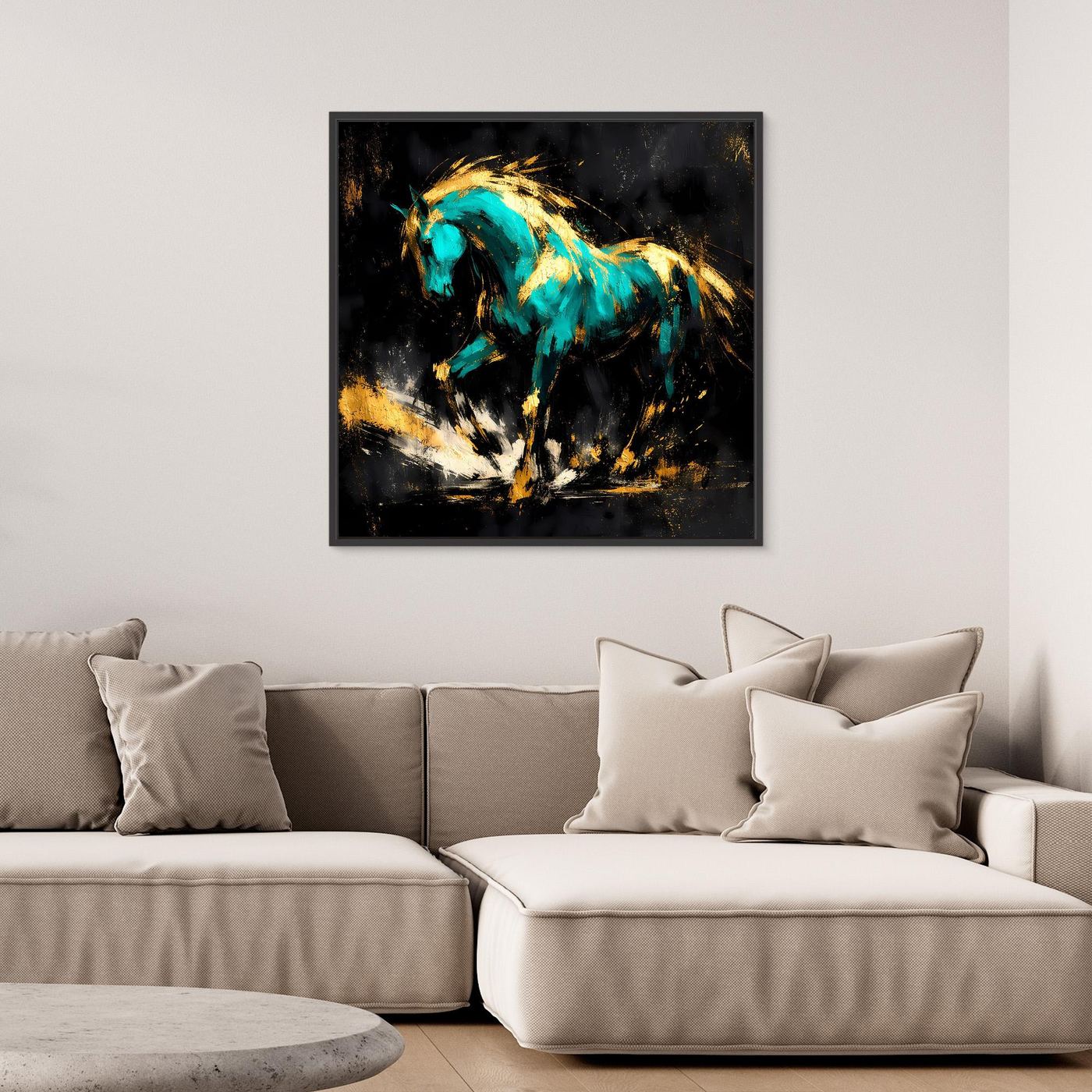Leinwand Kraftvolles Pferd in Türkis und Gold | Modernes Abstraktes Wildtier Wandbild
