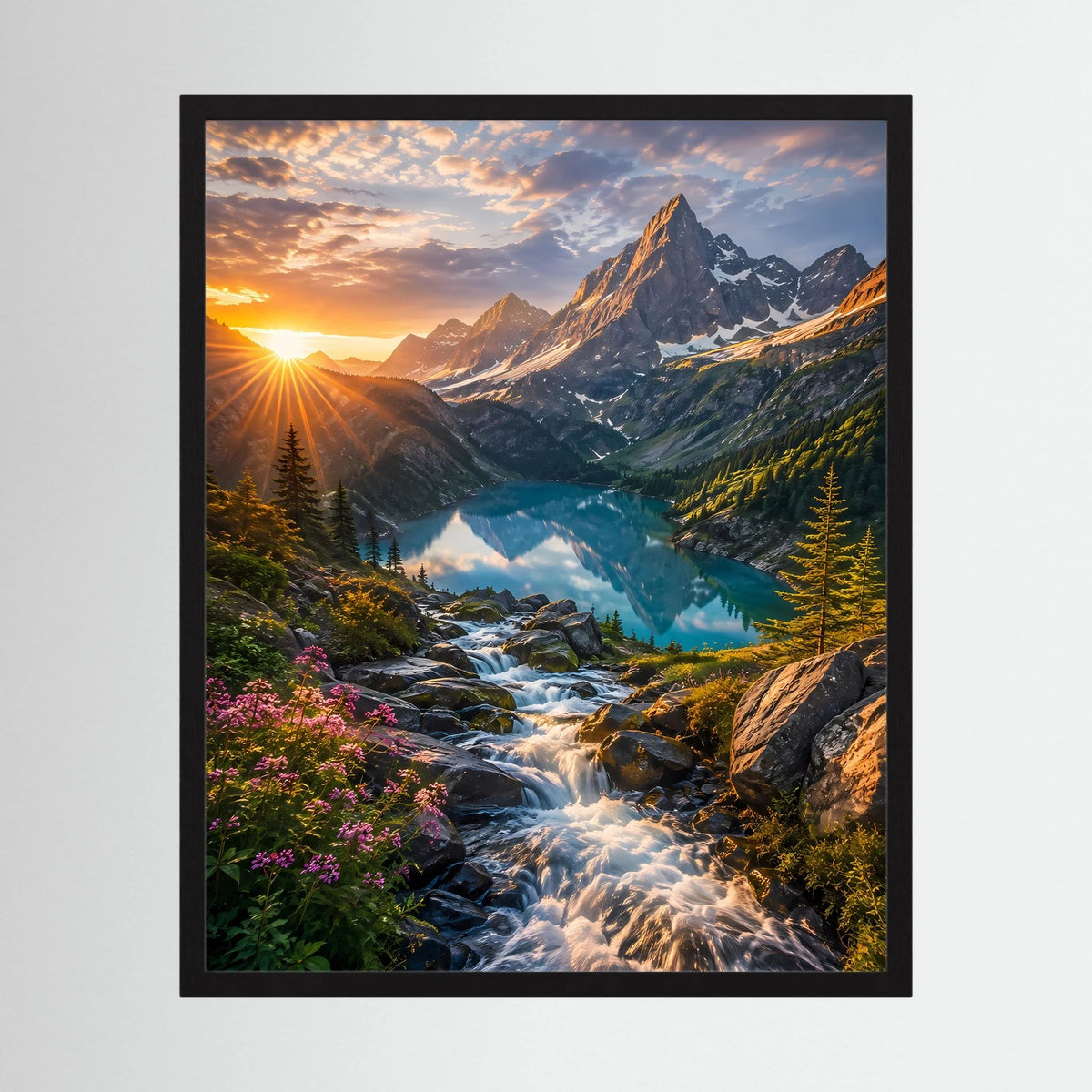 Gerahmtes Poster im Hochformat: Bergsee mit türkisfarbenem Wasser und Wasserfall