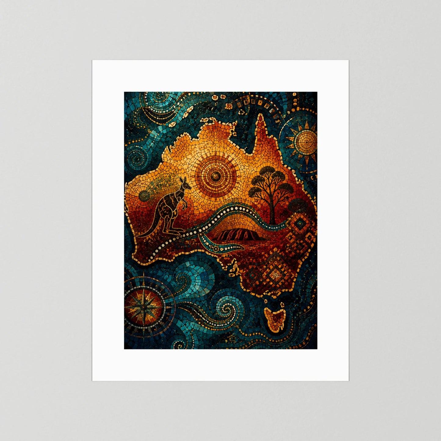 Hochformat-Poster mit Känguru-Mosaik in Blau und Orange, weiß gerahmt