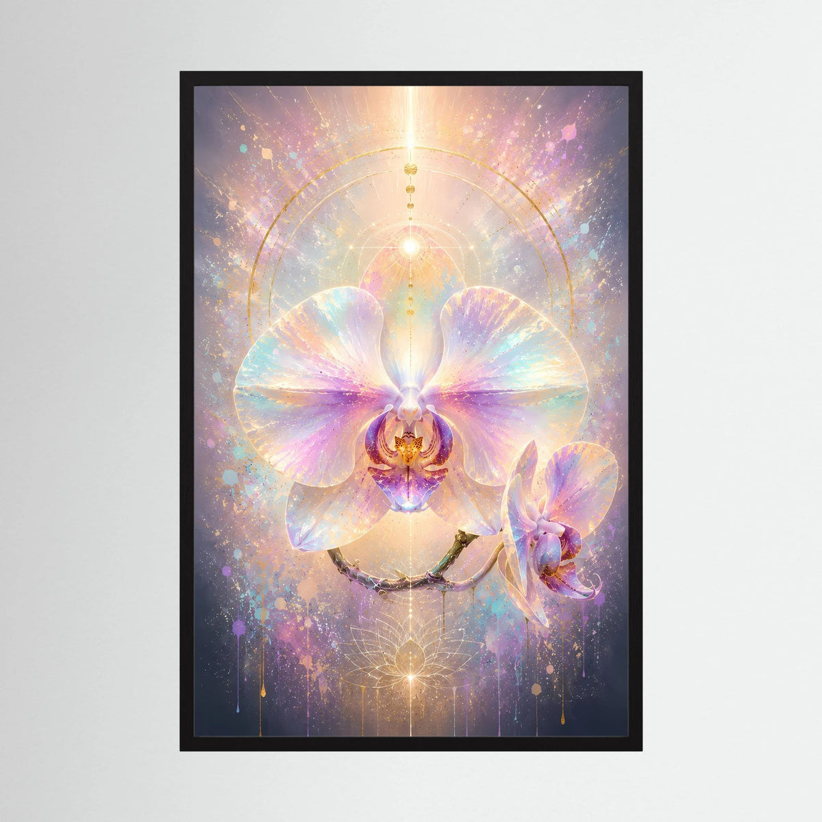 Orchideen-Pastellposter mit schwarzem Rahmen und leuchtender Orchideenblüte in Pastellfarben