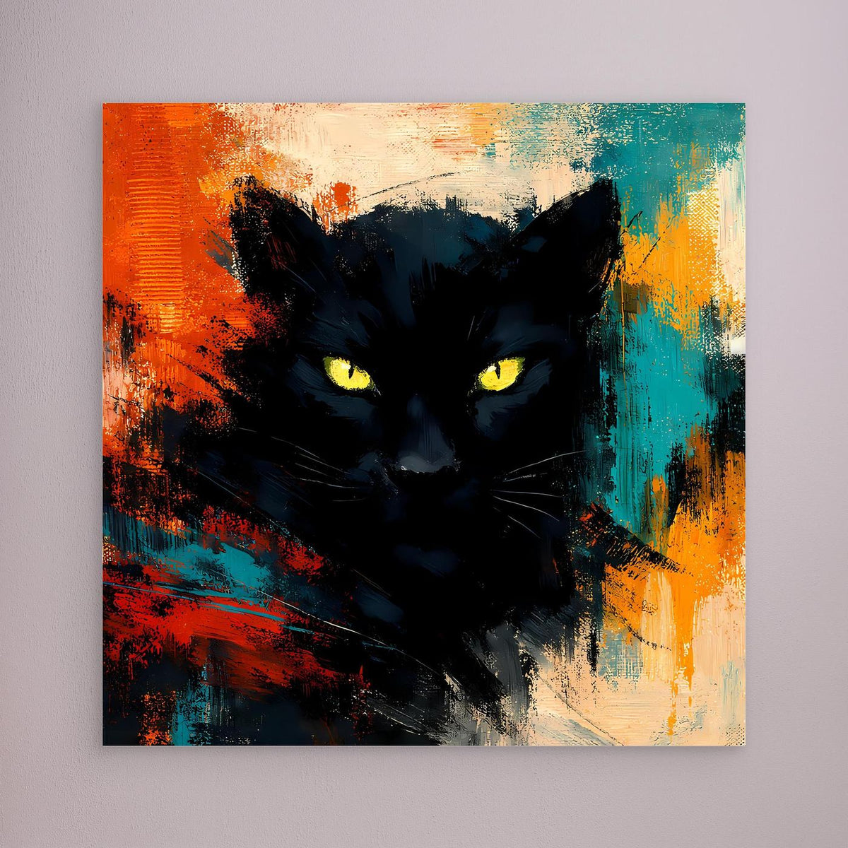 Leinwand-Wandbild mit schwarzem Pantherkopf und gelben Augen ohne erkennbaren Rahmen