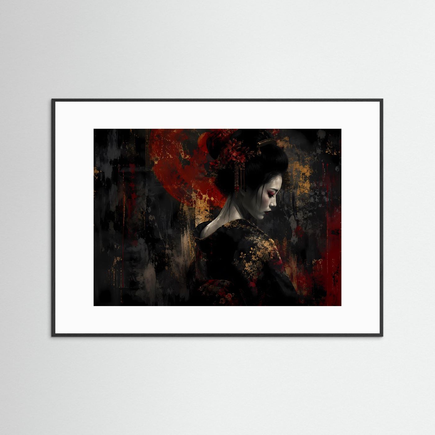 Japan-Kunstposter mit weißem Passepartout im schwarzen Rahmen: Geisha-Porträt, schwarz-rot