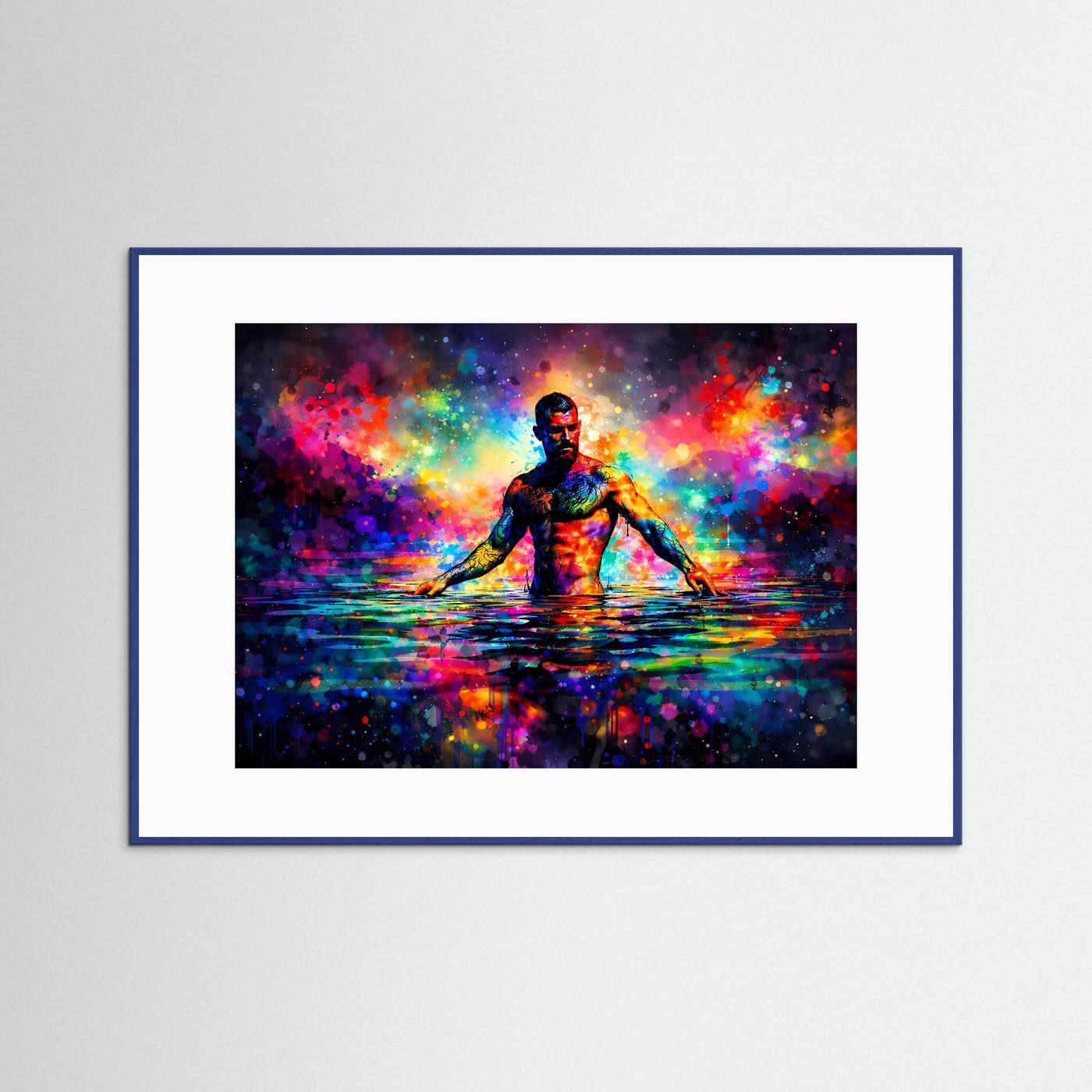 Querformat-Poster: Person im Wasser als abstraktes Farbkunstmotiv, bunte Leuchtfarben; blauer Rahmen