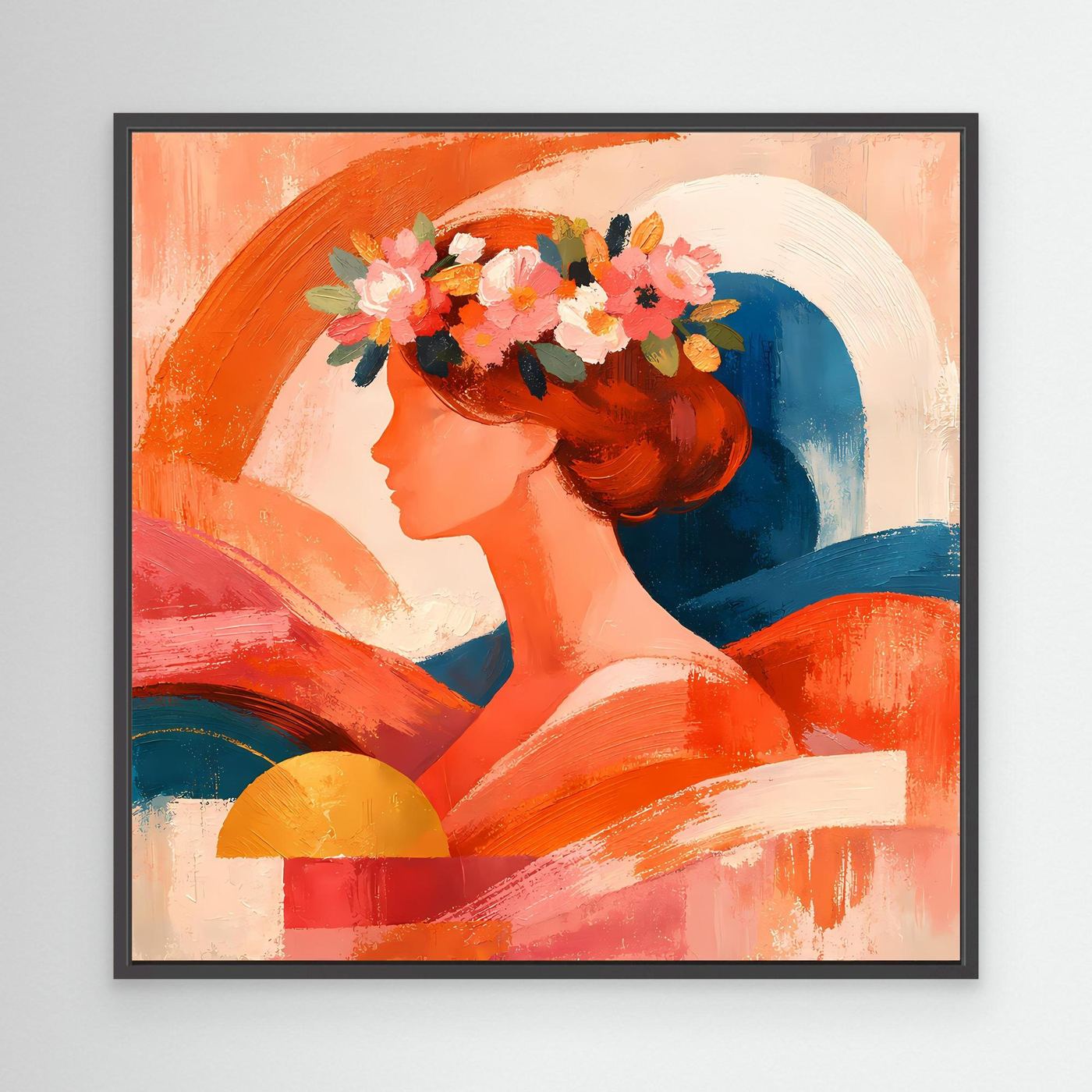 Leinwandbild mit schwarzem Rahmen: abstraktes Frauenporträt im Profil, Blumen im Haar, Orange/Blau.