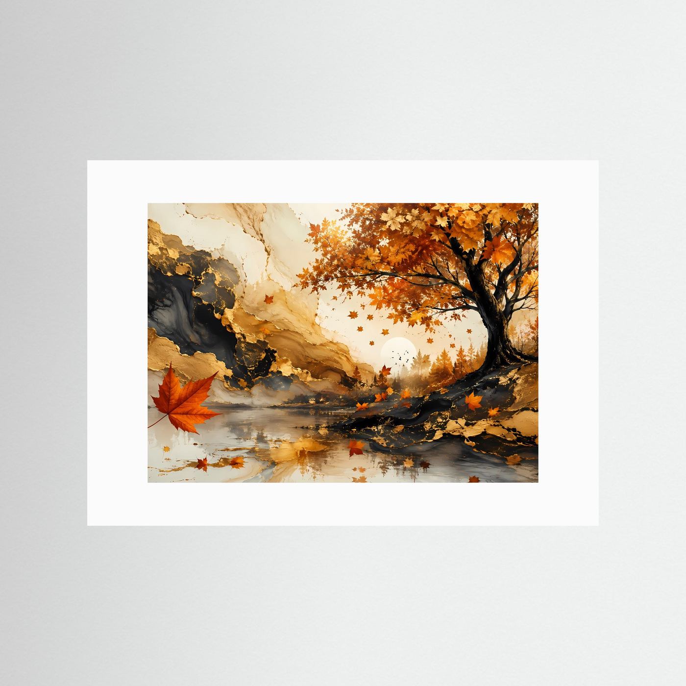 Herbstbaum Poster | Goldener Herbst Wandkunst | Abstrakte Ahorn Landschaft | Elegante Natur Wall Art | Premium Leinwandbild
