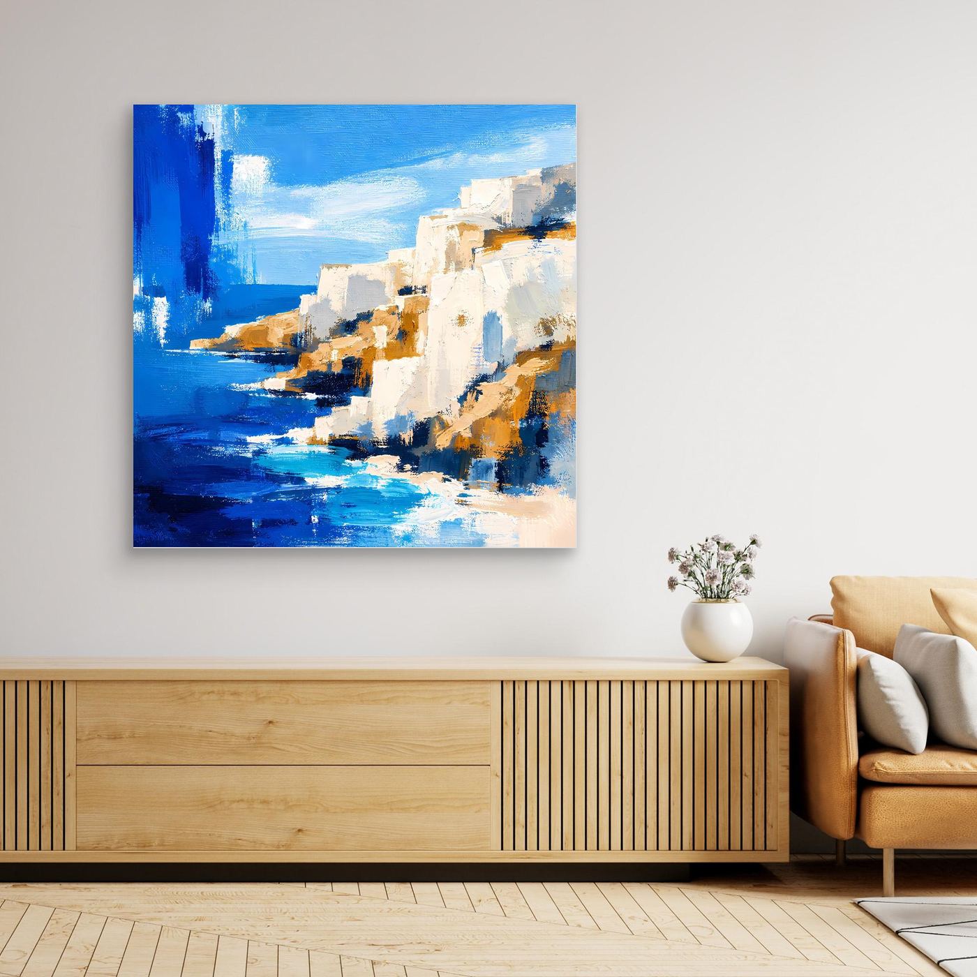 Abstraktes Leinwandbild mediterrane Steilküste in Blau und Weiß mit dunklem Rahmen