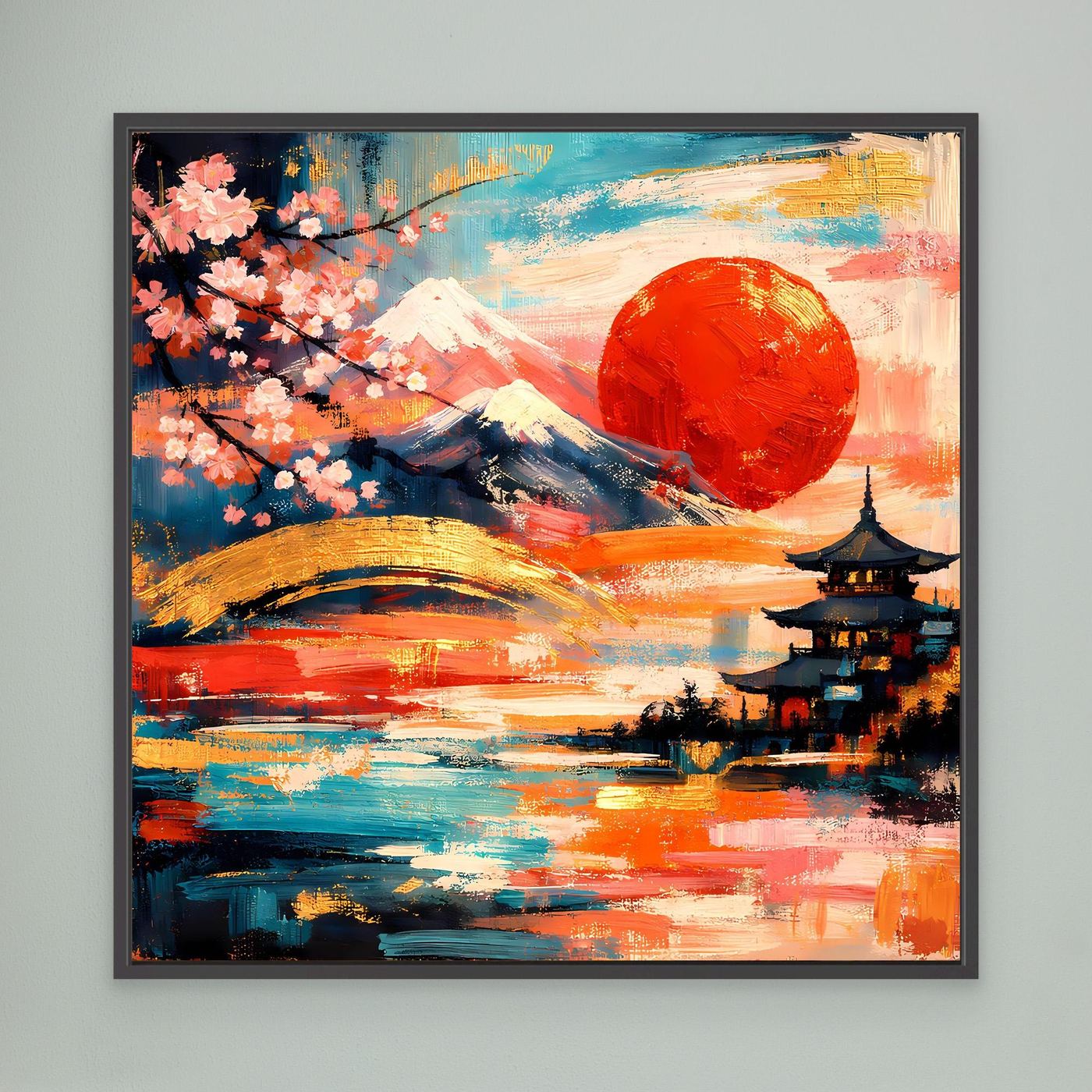 Gerahmtes Leinwandbild mit Kirschblüten über abstraktem Berg Fuji, roter Sonne und Pagode