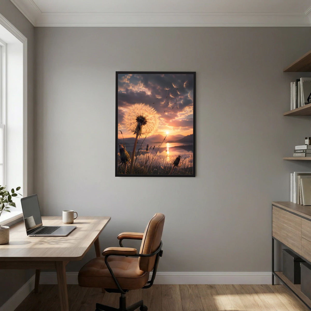 Hochformat-Poster mit Pusteblume im Sonnenuntergang, schwarzer Rahmen an der Wand über dem Tisch