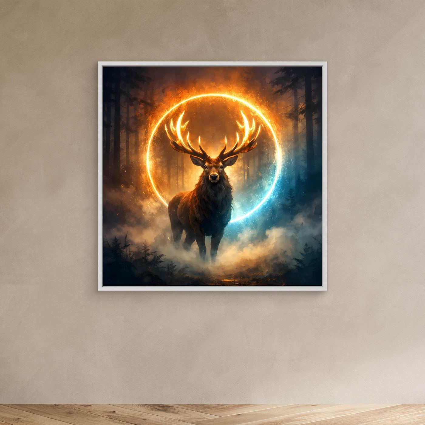 Leinwandbild: Hirsch im orange-blau leuchtenden Kreis, weißer Rahmen, Wald und Nebel
