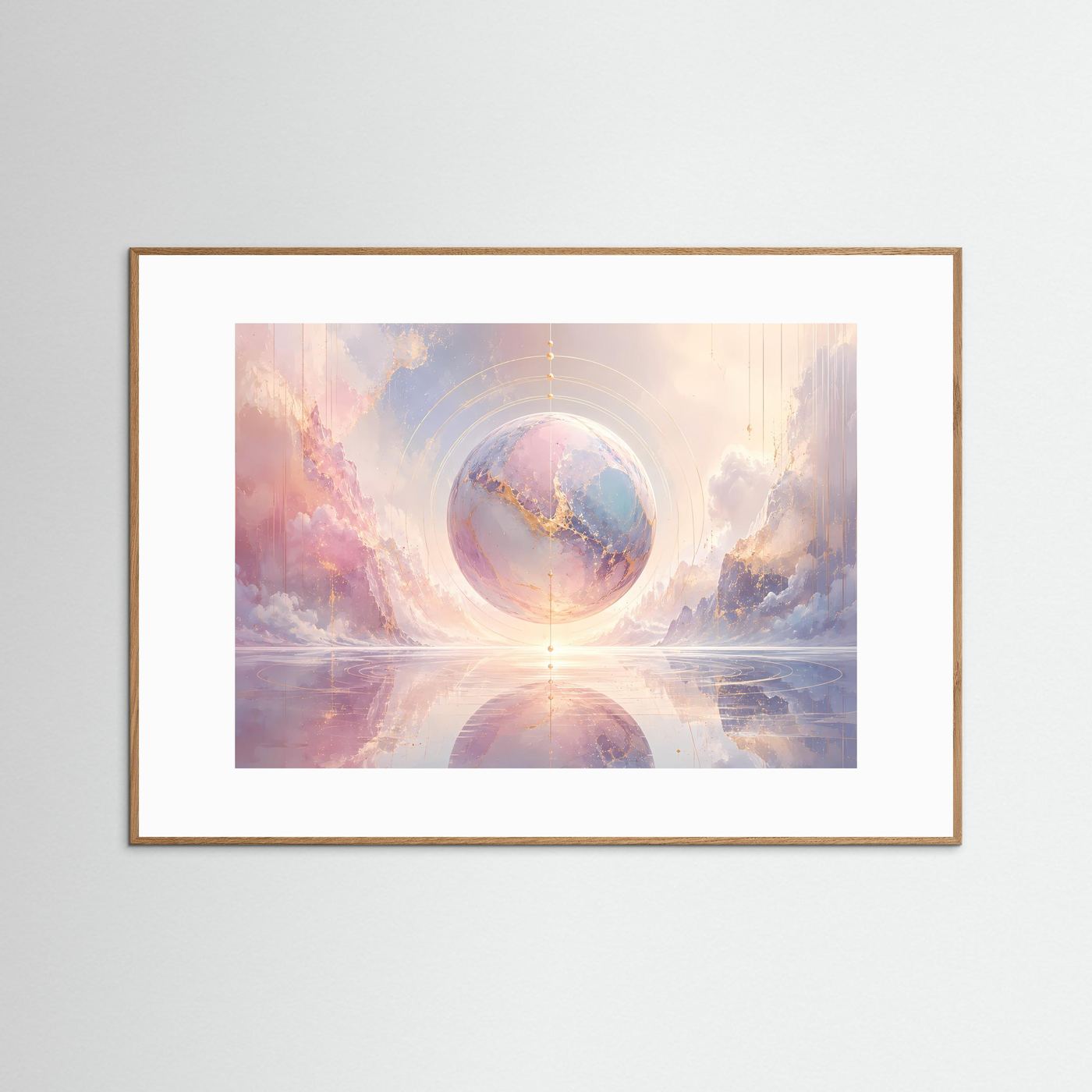 Abstrakte Sphäre Poster | Pastell Kosmos Wandbild mit Goldakzenten | Moderne Surreale Himmelskunst Querformat