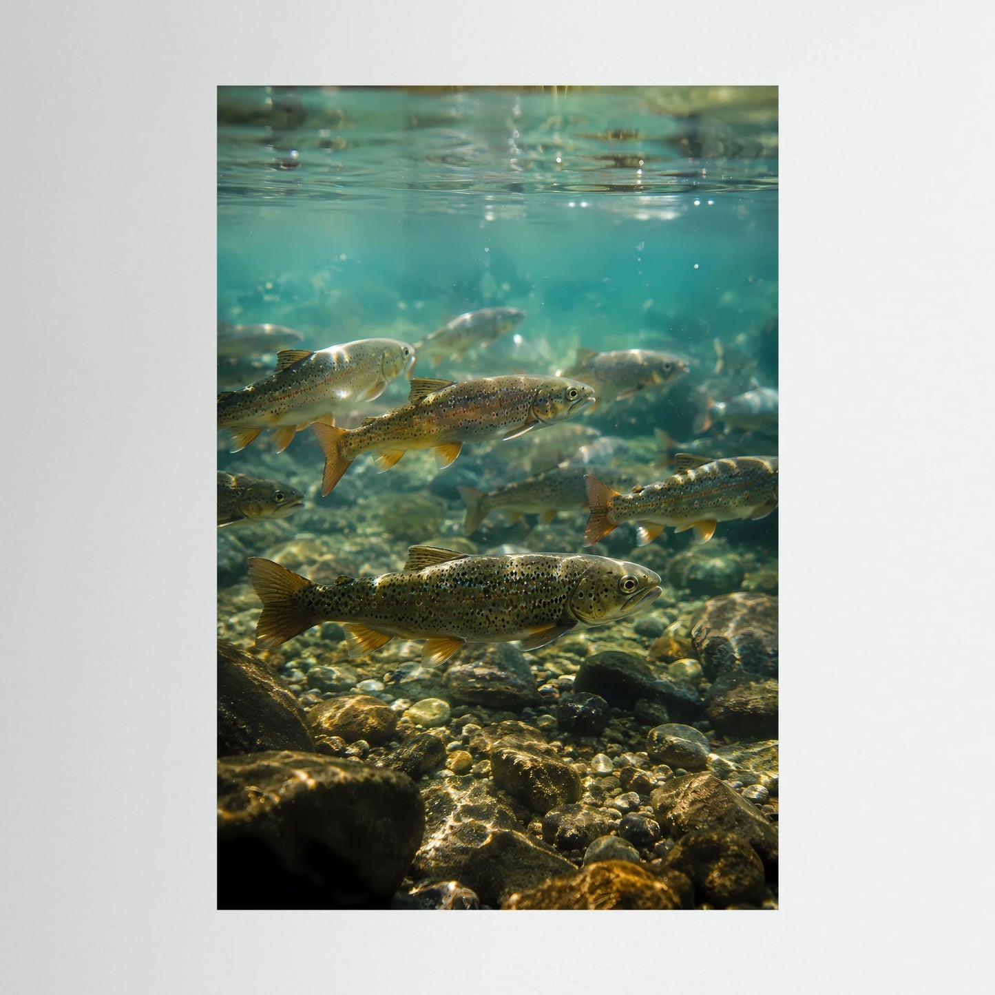Poster (Hochformat) mit Unterwasserwelt: Forellen und Steine im türkisfarbenen Wasser