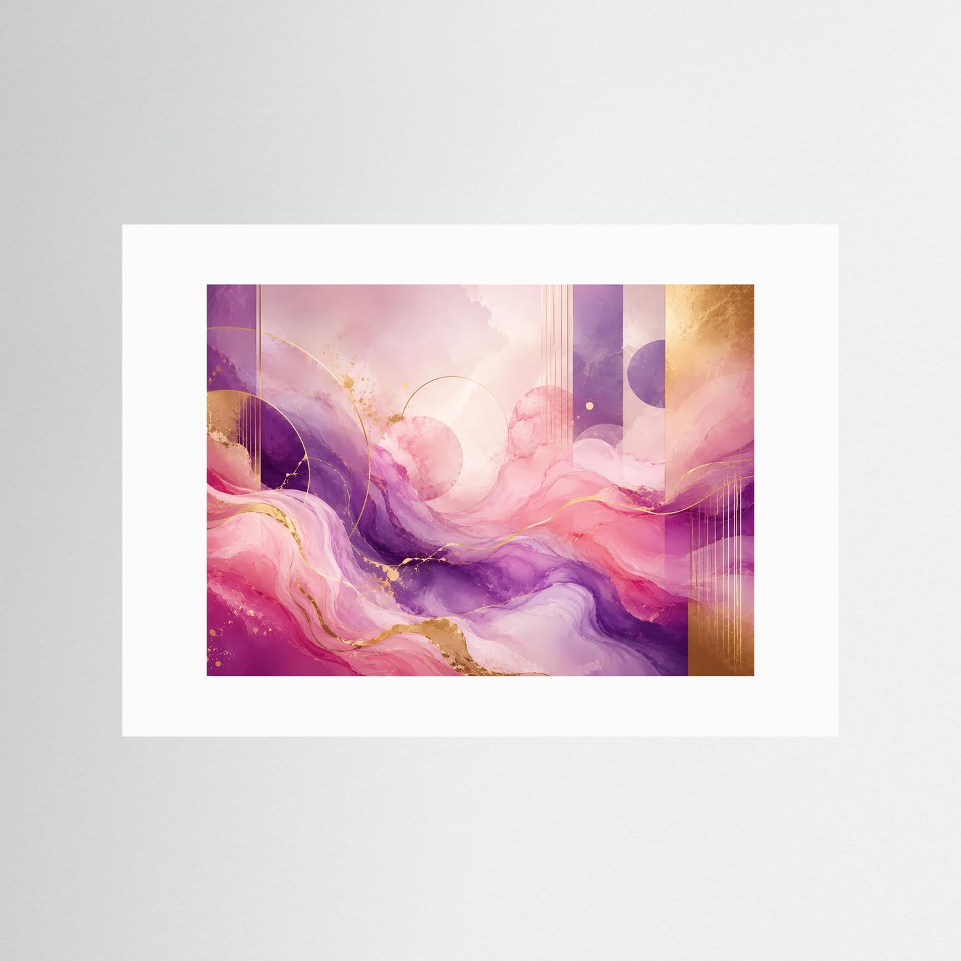 Poster im Querformat mit weißem Passepartout, abstrakte Wellen in Rosa und Violett mit Goldakzenten