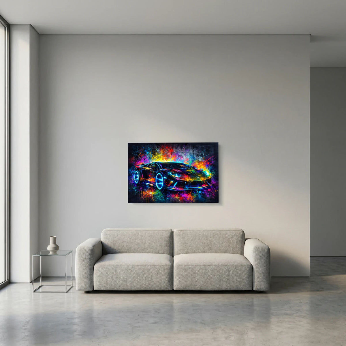 Abstraktes Sportwagen-Poster mit Neon-Supercar, farbigen Spritzmustern und dunklem Hintergrund