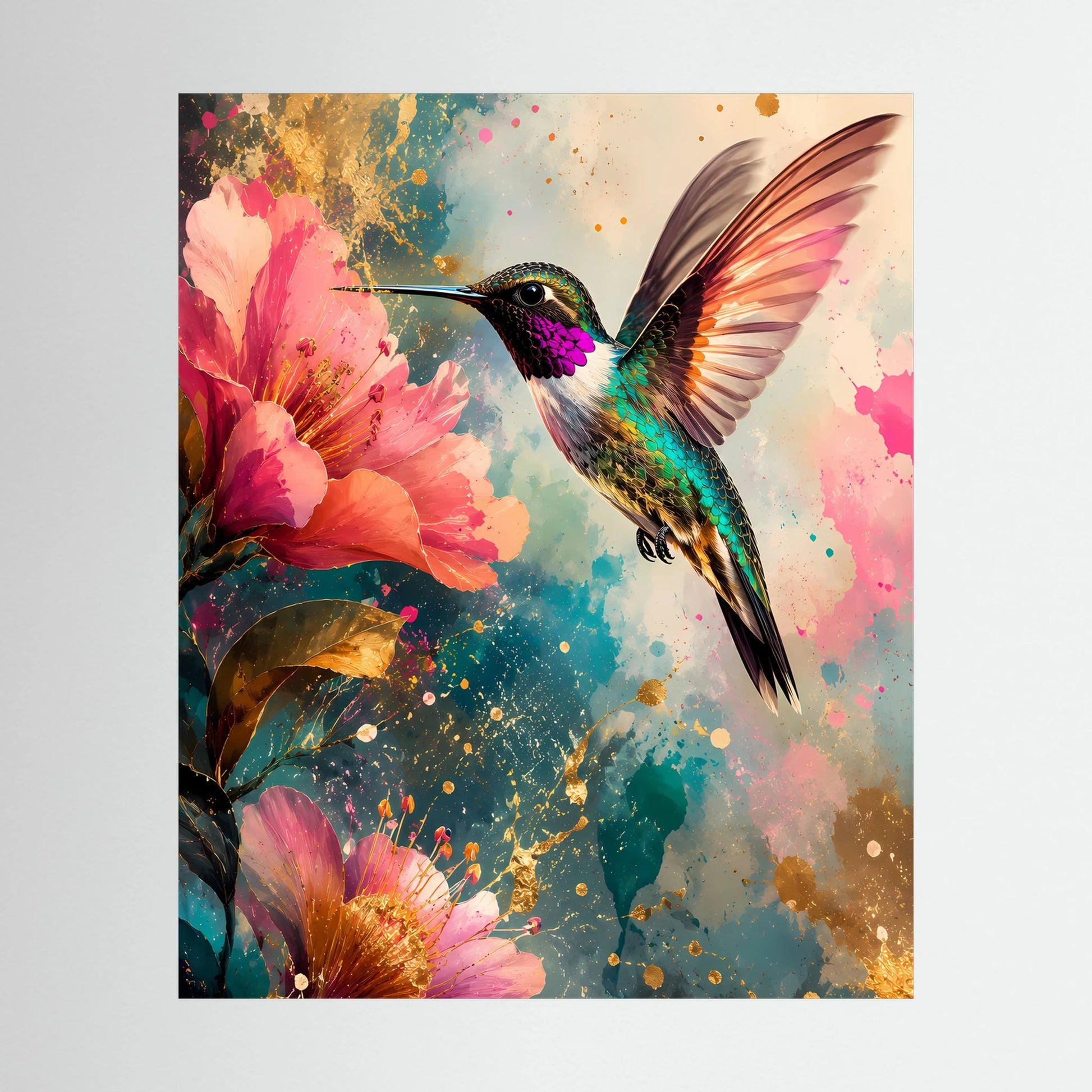 Hochformatiges Kunstposter mit Kolibri in Türkis und Pink, umgeben von rosa Blüten